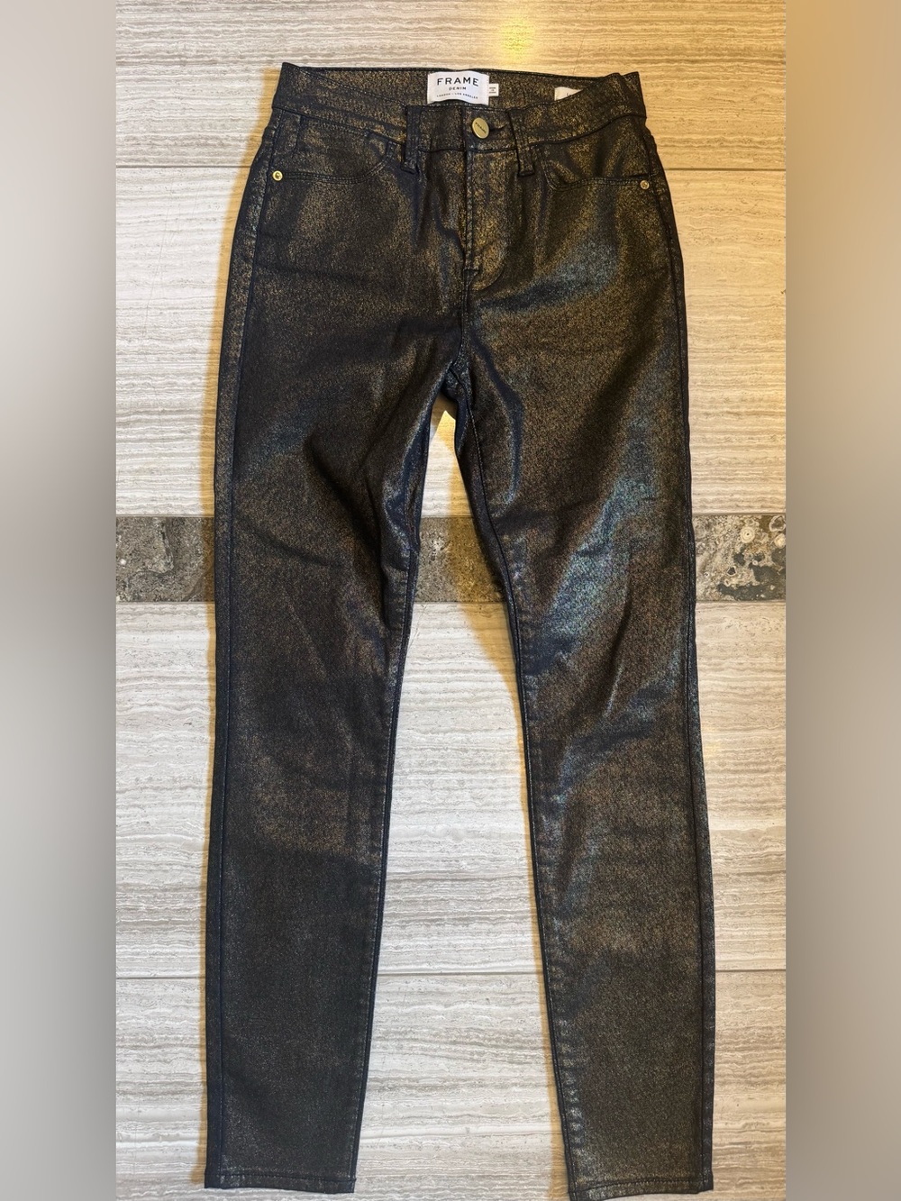 Frame Denim Black/Gold Metallic Skinny Jeans